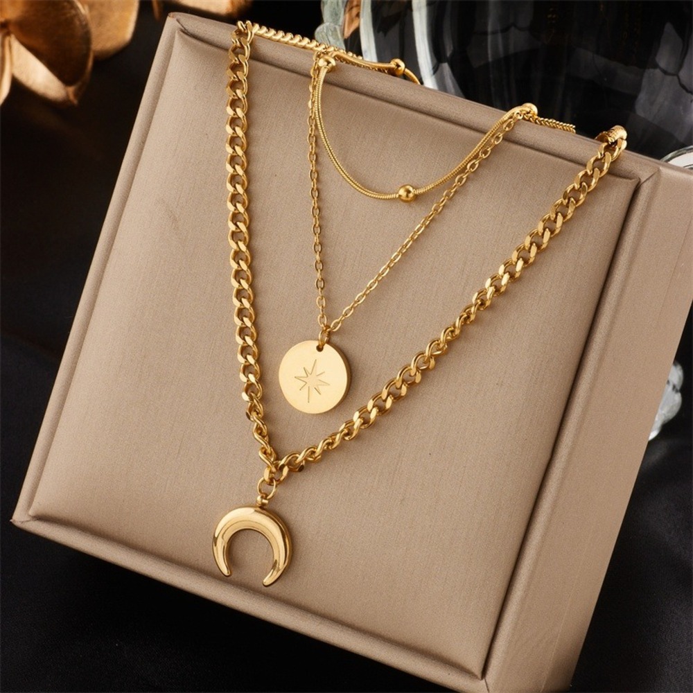 Boutique Layered Necklace Women OS Gold Celestial Moon Star Disc Multi Strand - Picture 1 of 6